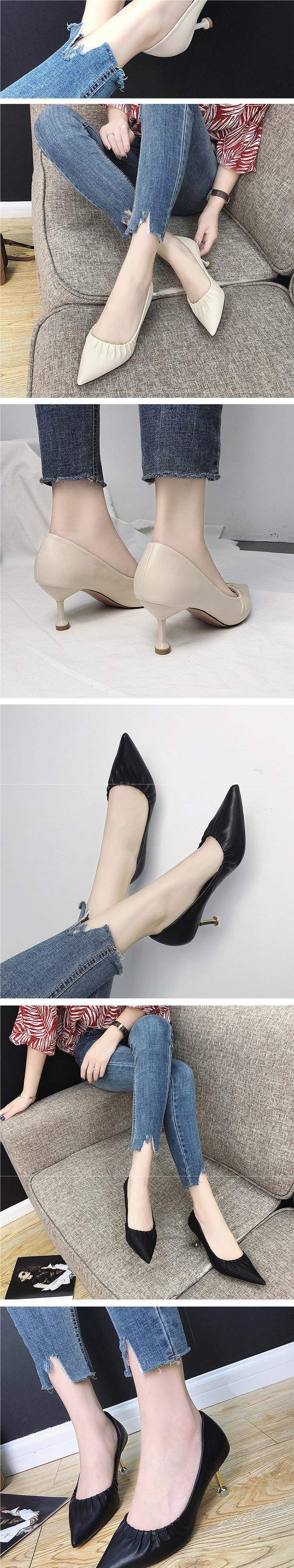 Women's High Heels2025New European Style Thin Heel Mid Heel Pointed Toe Fashion Chanel Style Single Shoes Work Leather Shoes for Women