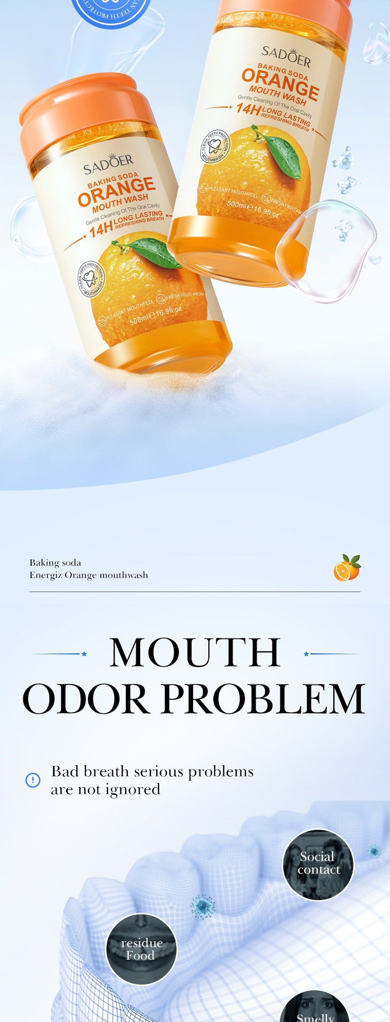 Fruit Mouthwash SADOER Fresh Orange Baking Soda Tooth Stain Remover Mouthwash Bottle Cross-Border Wholesale