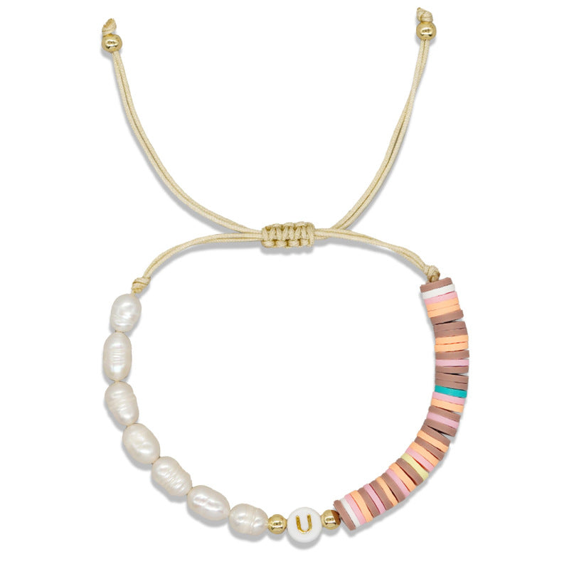 Imitation pearl26Letter Bracelet Bohemian Casual Vacation Bracelet Gold Beads Stretchable Soft Clay Woven Bracelet