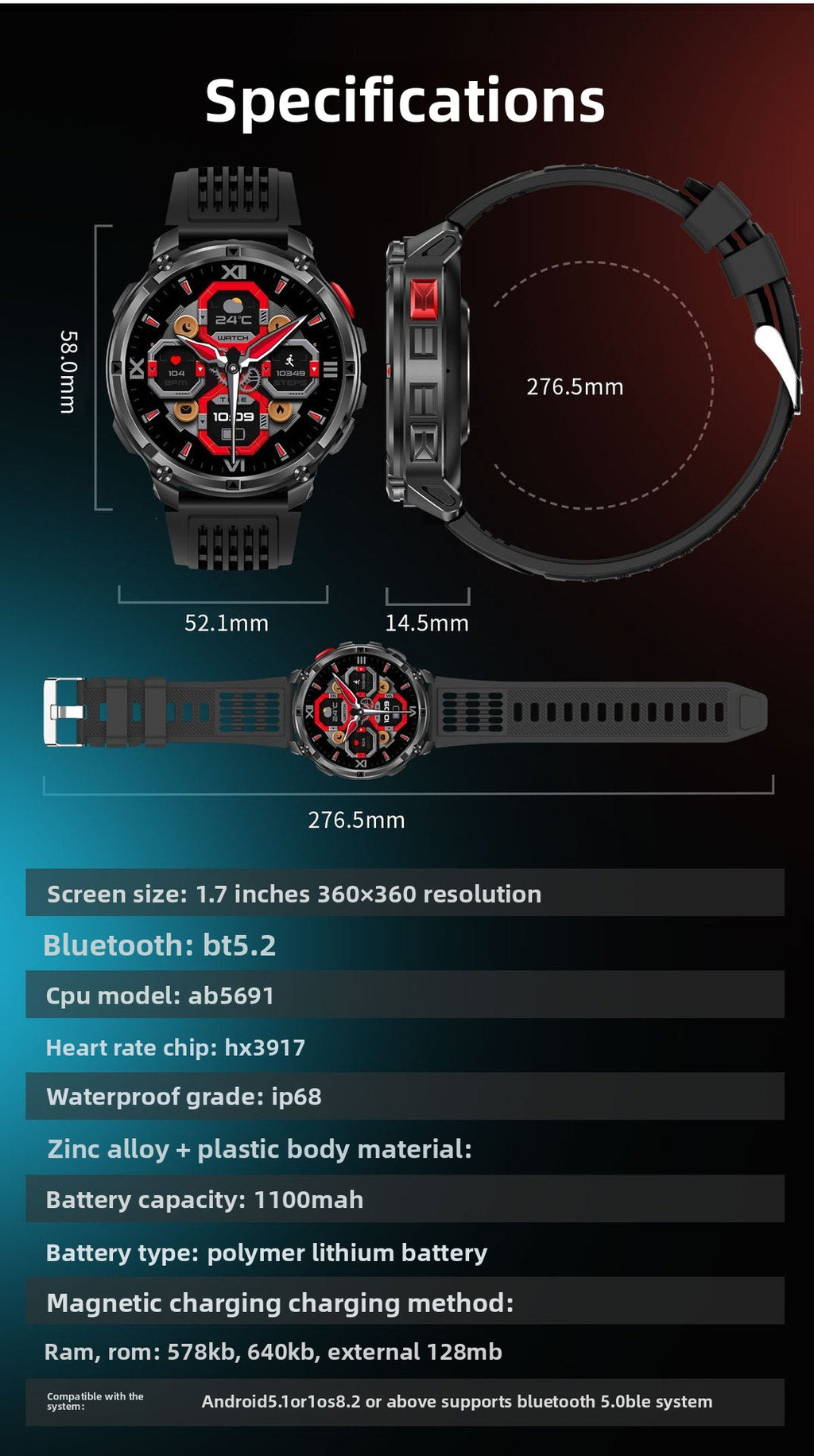 HT33Smart Watch Bluetooth Call True Heart Rate Step Count Sleep Monitoring Compass Deep Waterproof Sports Three-Proof