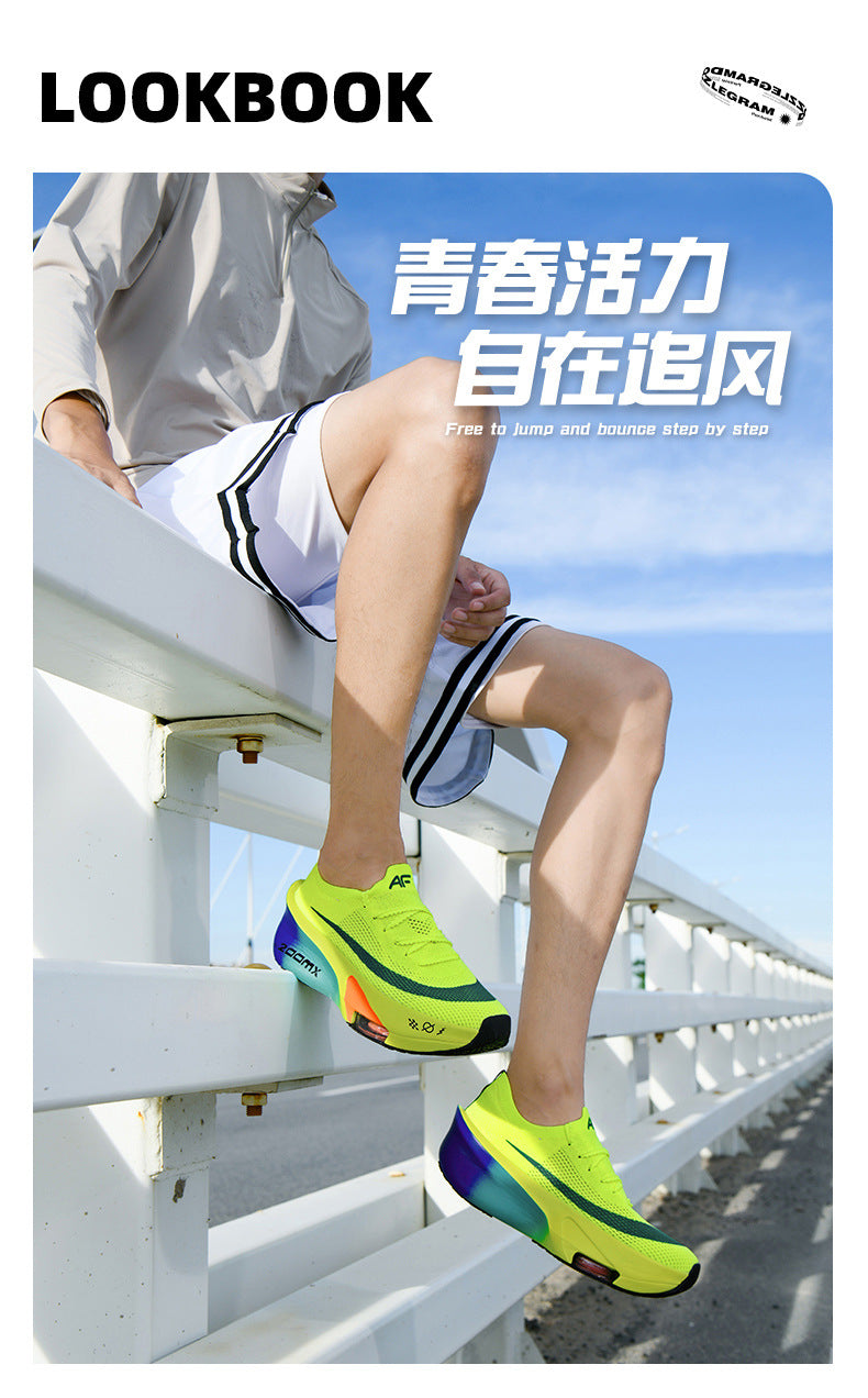 Autumn New High Elastic Double Mesh Breathable Student Training Racing Running Shoes Air Cushion Shock Absorption Full Palm Carbon Plate Sports Shoes