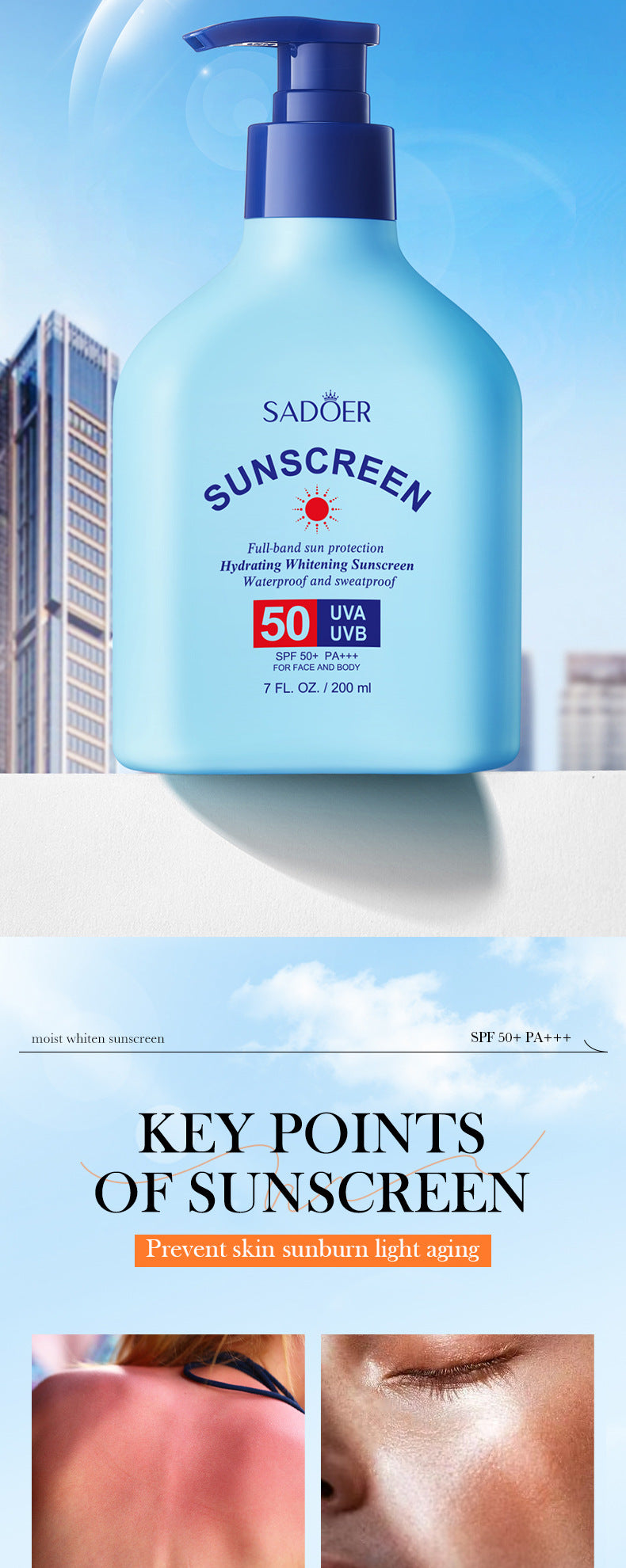 Sunscreen SADOER Hydrating, moisturizing, whitening, refreshing, UV protection sunscreen lotion for cross-border foreign trade wholesale