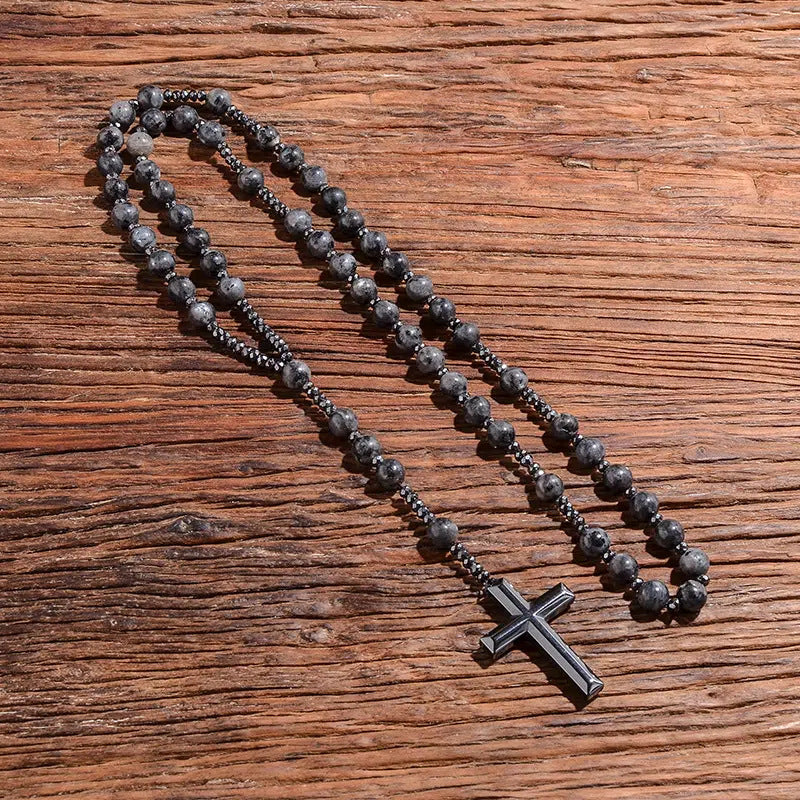 Men's Matte Stone Braided Rope Cross Necklace Natural Stone Beaded Long Necklace Tiger Eye Stone Cross Necklace