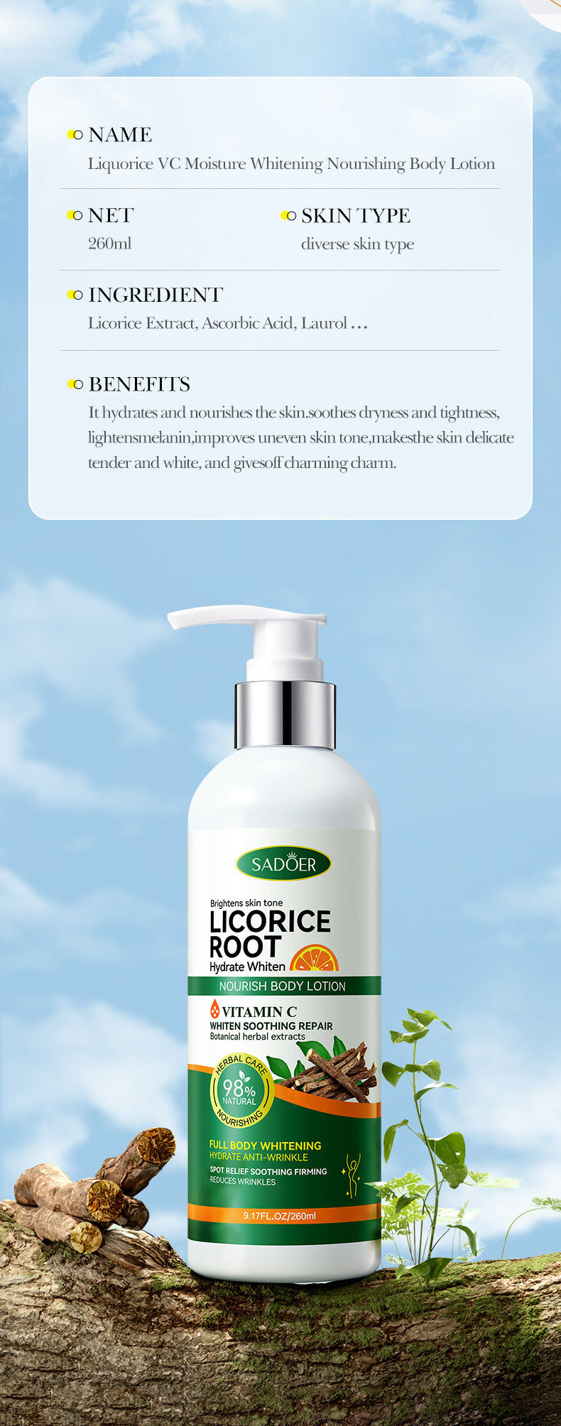 Licorice VC Body Lotion260gSADOER Whitening, hydrating, moisturizing skin care cross-border wholesale