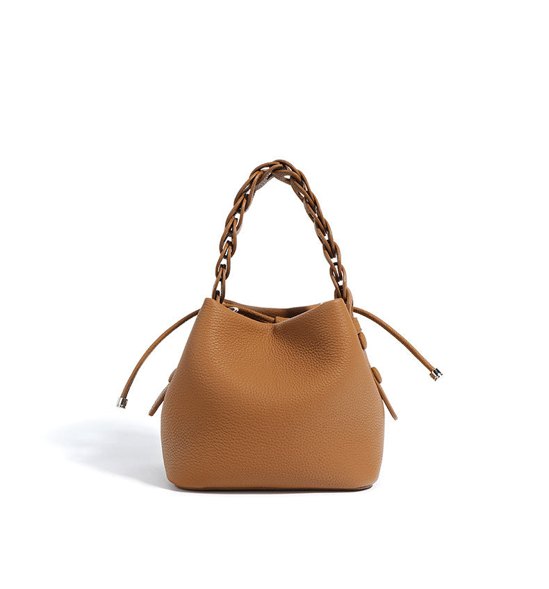 European Style New Top Layer Cowhide Bucket Bag High-Quality Genuine Leather Fashion Women's Handbag Tote Shoulder Crossbody Bag Woven