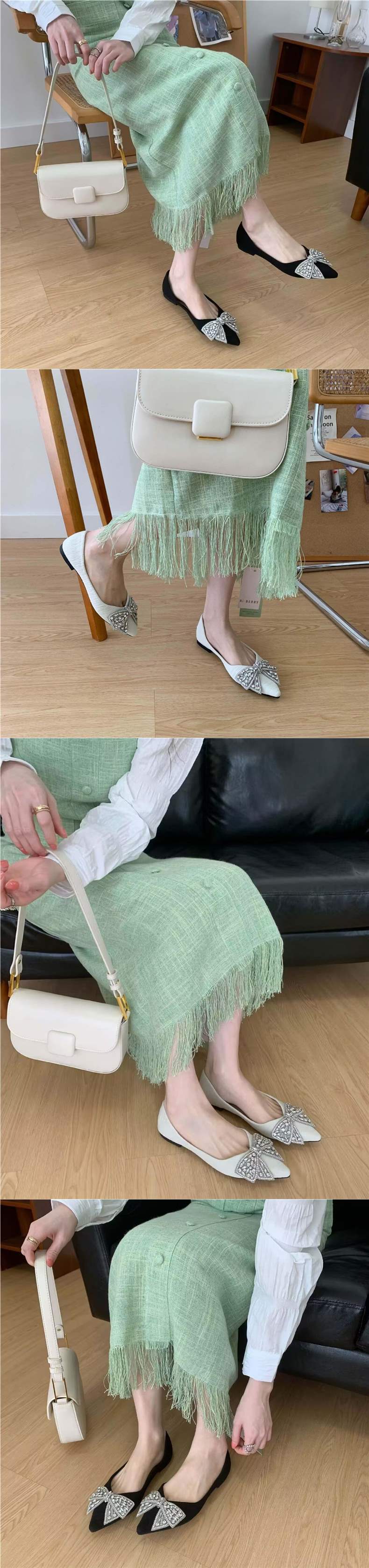 Pointed Toe Women's Single Shoes2025Spring and summer new style rhinestone bowknot soft sole versatile elegant flat loafers