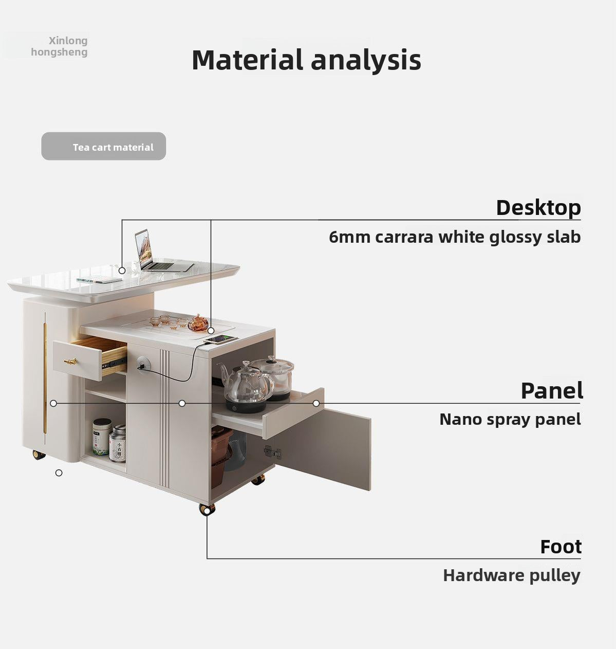 All Solid Wood Movable Tea Table Tea Desk Home Tea Cart Light Luxury Modern Rock Plate Rotating Balcony Table Chair with Wheels Tea Cart