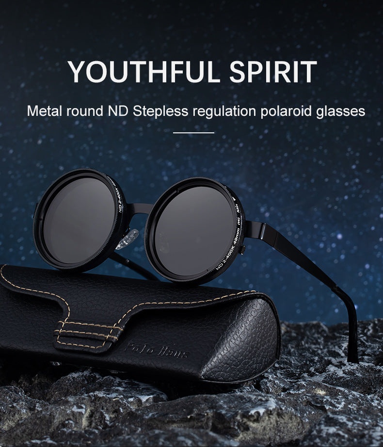 ND Nine-Stage Manual Adjustable Zoom Glasses Anti-Glare Round Frame Sunscreen Sunglasses High-End Polarized Sunglasses for Men