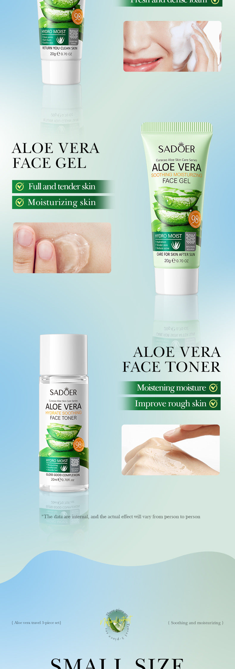Full English Aloe Vera Travel Three-Piece Set SADOER Aloe Vera Gel Toner Facial Cleanser  Wholesale