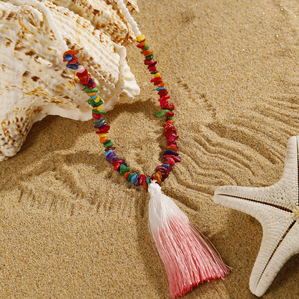 Simple Colorful Beaded Tassel y Chain Necklace Elegant Versatile Diamond-Studded Sweater Chain Jewelry