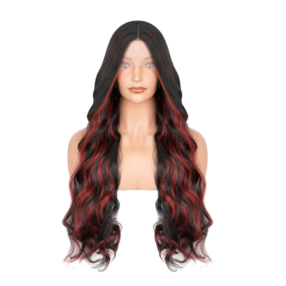Wig for Women, Front Lace, Wavy Long Curly Hair, Red and Black Gradient Color, High-Temperature Fiber, Synthetic Hair Wig, European and American Cross-Border
