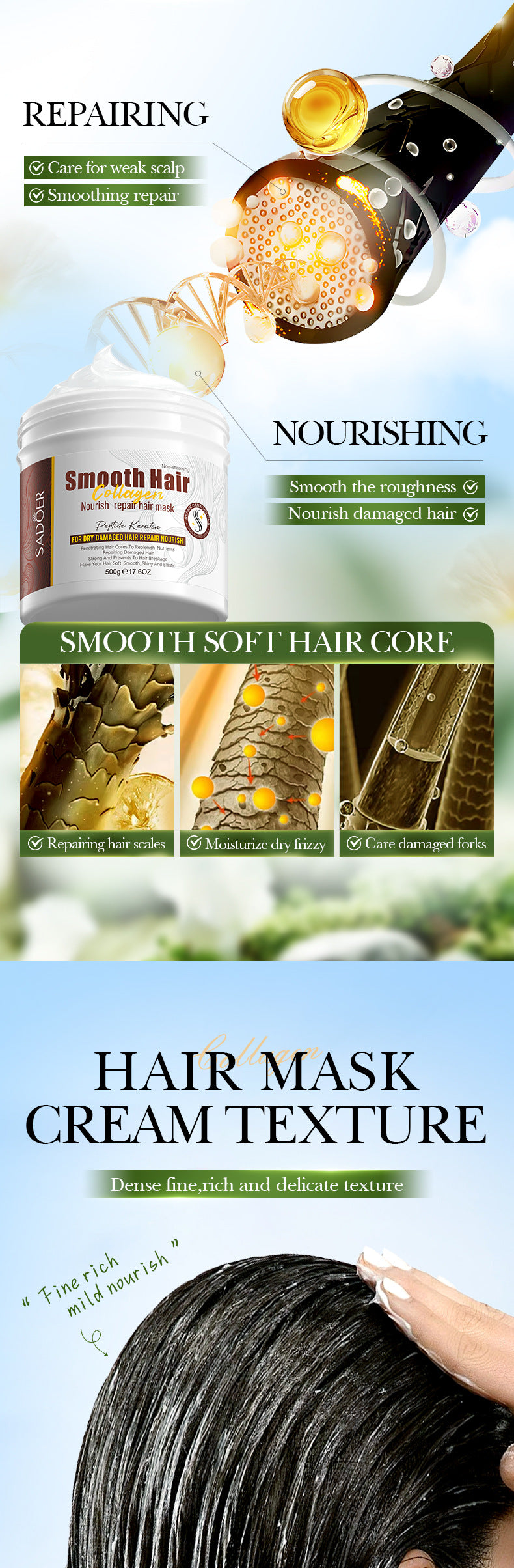 Collagen Smooth Hair Mask SADOER Nourishing and Fluffy Hair Conditioner Cross-Border Wholesale
