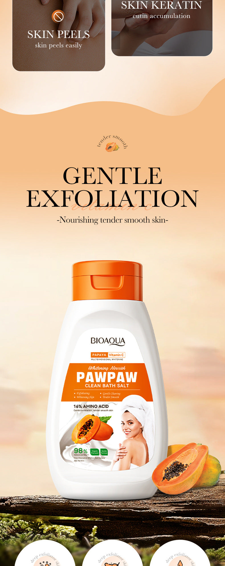 Papaya Whitening Bath Salt430ml BIOAOUA Vitamin C Body Scrub Export Cross-Border Wholesale