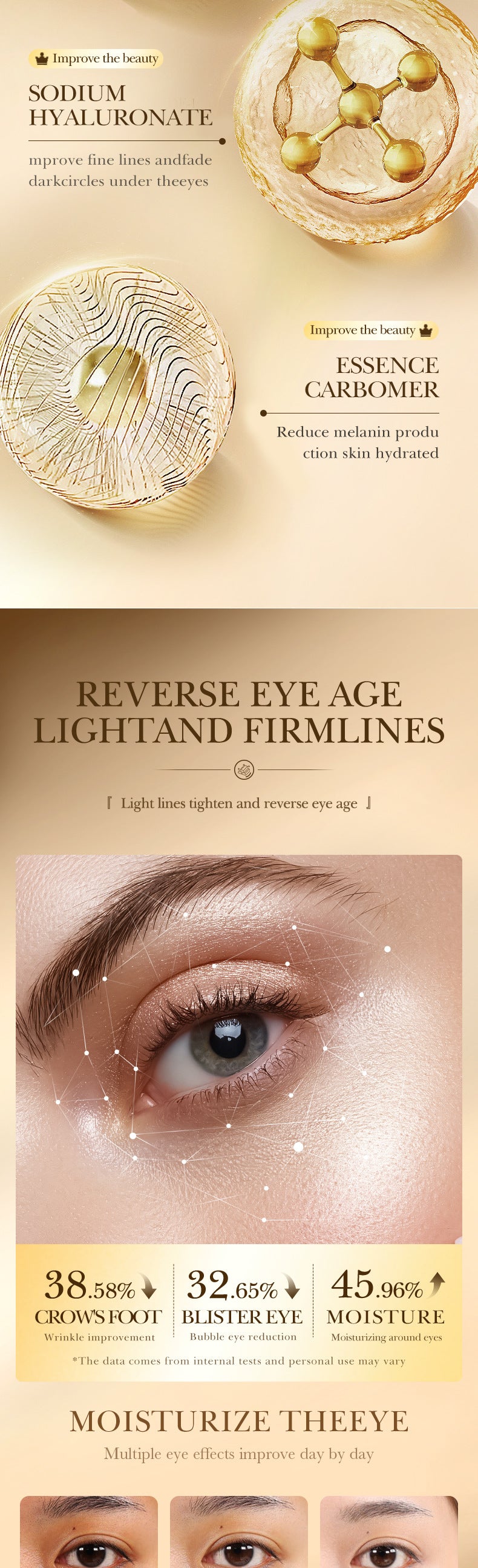 24K Gold Eye Cream ZOZU Hyaluronic Acid Hydrating and Moisturizing Eye Cream for Eye Wrinkles Cross-Border Wholesale