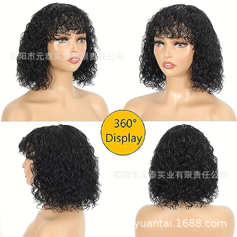 Short Bob Curly  100% Human Hair Wig With Bangs for Women