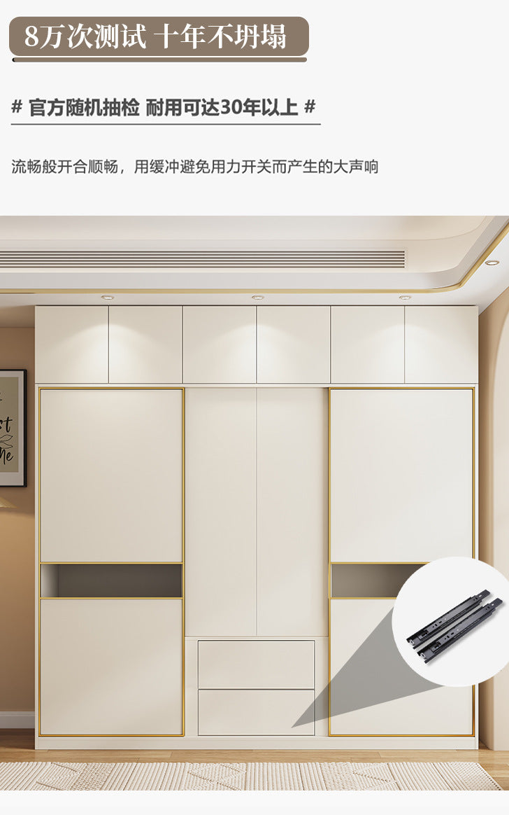 Cream Style Solid Wood Sliding Door Wardrobe for Home Bedroom with Hanging Area, Multiple Storage Cabinets, and Segmented Large Wardrobe