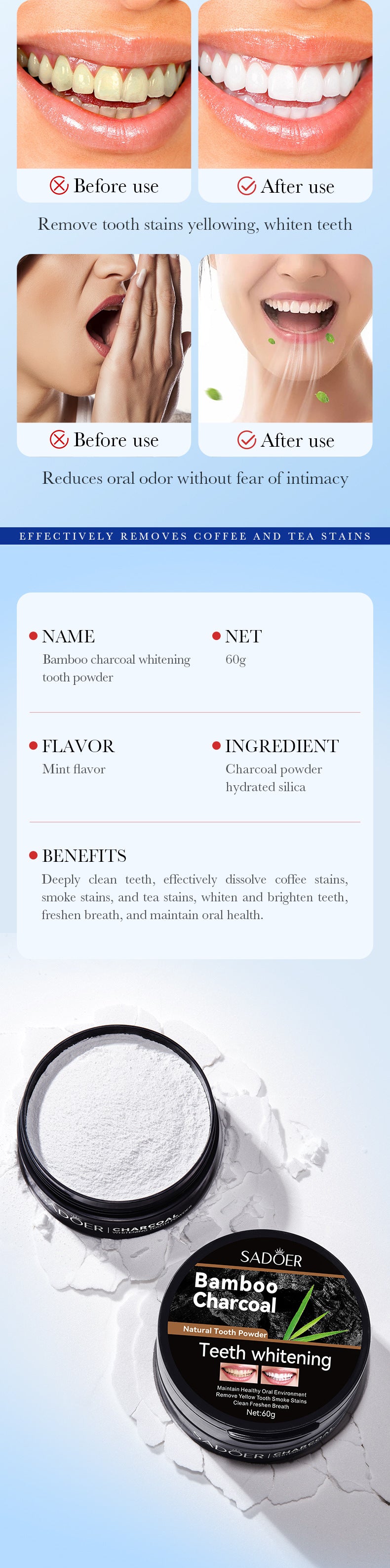 All English Tooth Powder60g SADOER Remove Tobacco Stains, Whiten Teeth, Clean Tartar, Strengthen Teeth Toothpaste  Wholesale