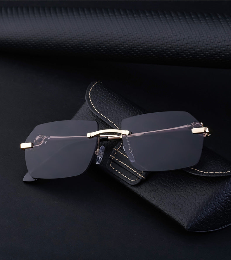 European and American Frameless Cut Edge Leopard Temple Sunglasses for Men Retro Square Frame Driving Sun Protection Sunglasses Wholesale Glasses