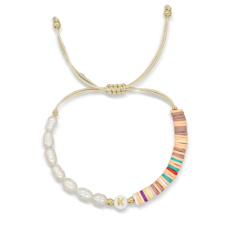 Imitation pearl26Letter Bracelet Bohemian Casual Vacation Bracelet Gold Beads Stretchable Soft Clay Woven Bracelet