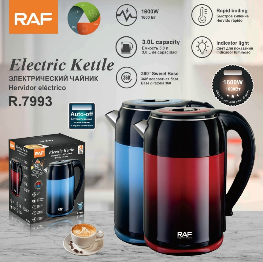 RAF European Standard Electric Kettle Double Layer Stainless Steel3.0L Home Electric Kettle Stainless Steel