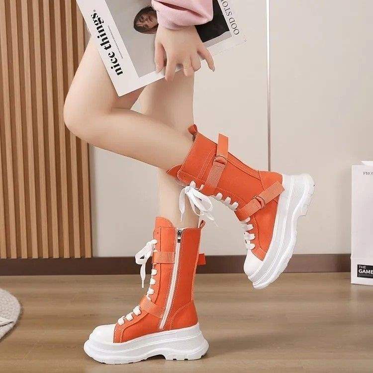 2025Summer New Korean Style High-Top Canvas Martin Boots High Heel Round Toe Non-Slip Height Increasing Trend Korean Style Solid Color Series