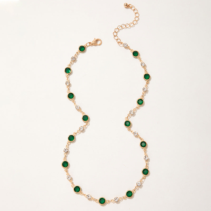 European and American New Style Green Zircon Niche Personality Retro Inlaid Diamond Short Necklace Collarbone Chain Choker chocker Female