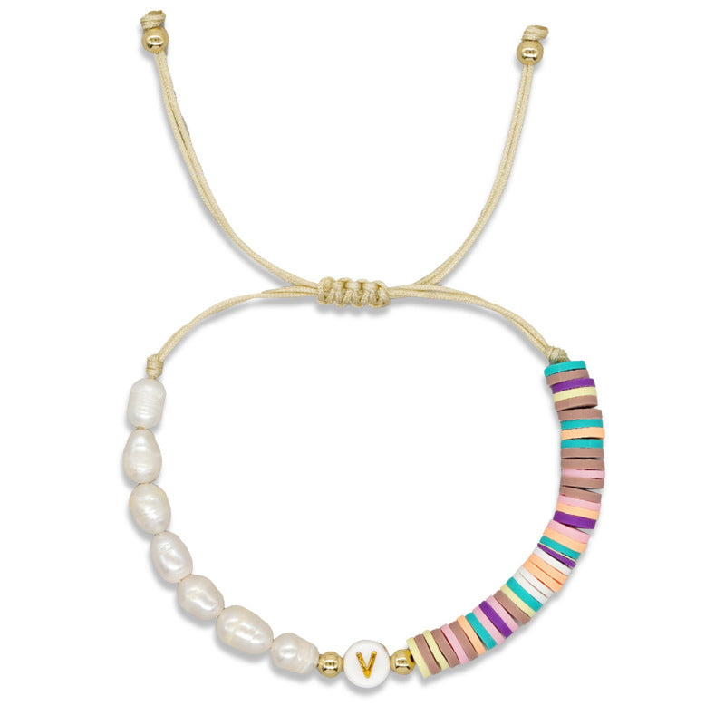 Imitation pearl26Letter Bracelet Bohemian Casual Vacation Bracelet Gold Beads Stretchable Soft Clay Woven Bracelet