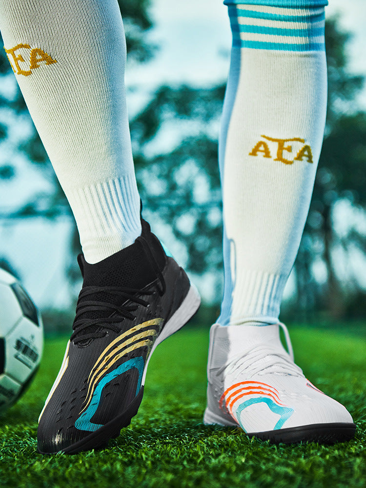High-top Unisex Youth Soccer Shoes with Broken and Long Spikes for Grass Field Competition Training Student Sports Shoes