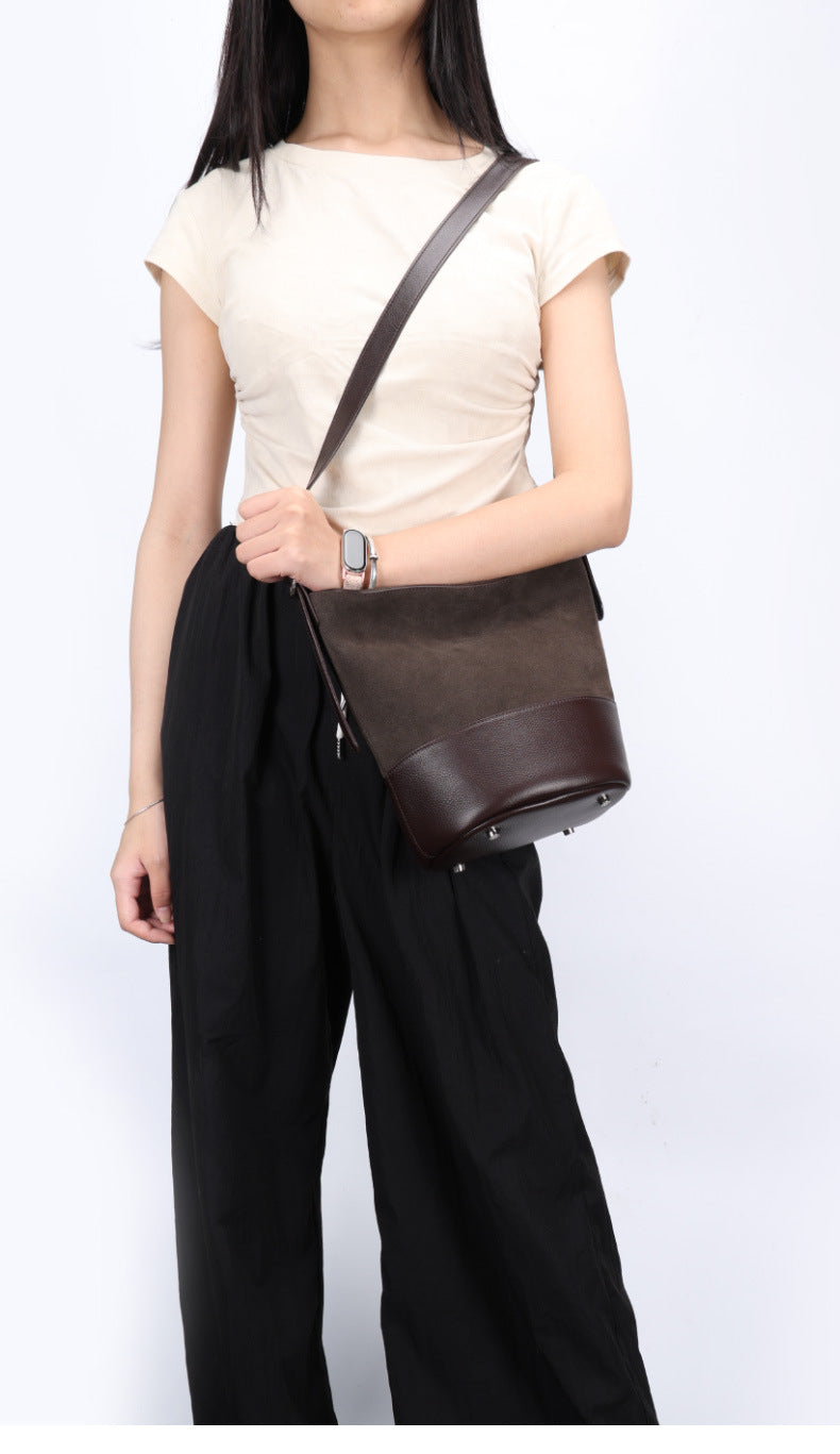 European and American Style Matte Single Shoulder Crossbody Bag for Women, Large Capacity Genuine Leather Fashion Versatile Color-Block Handbag Bucket Bag Underarm Bag for Women
