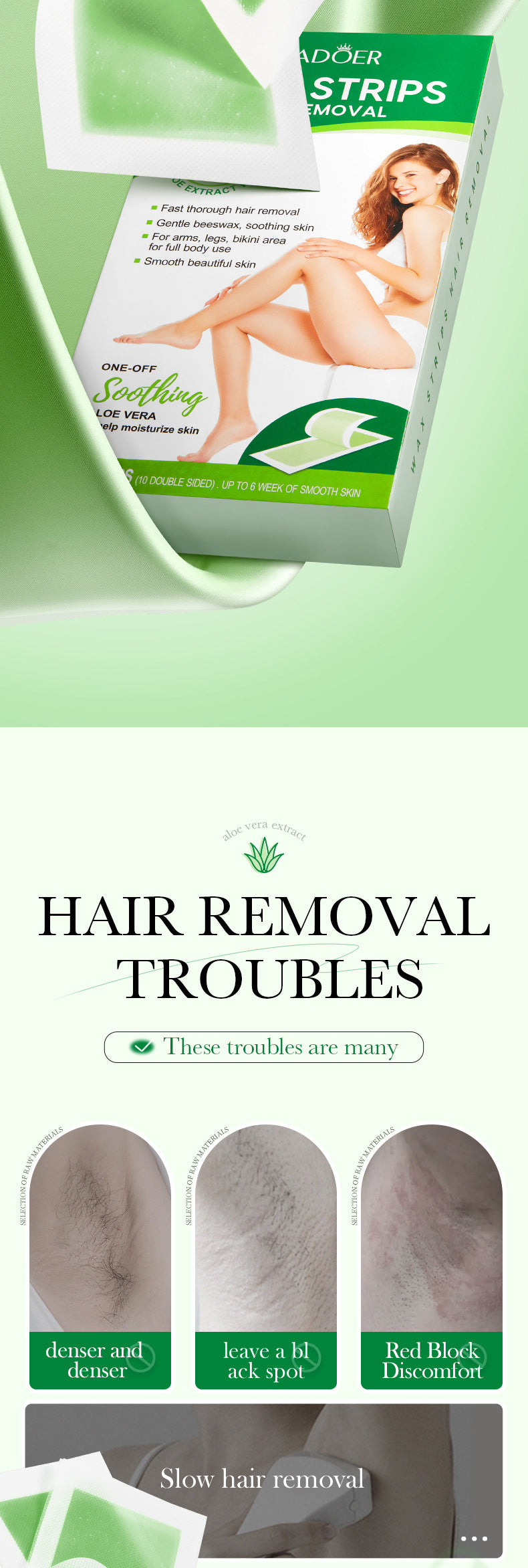 Full English Aloe Vera Double-Sided Hair Removal Wax Paper SADOER Armpit Hair Leg Hair Body Hair Removal Hair Removal Cream  Wholesale