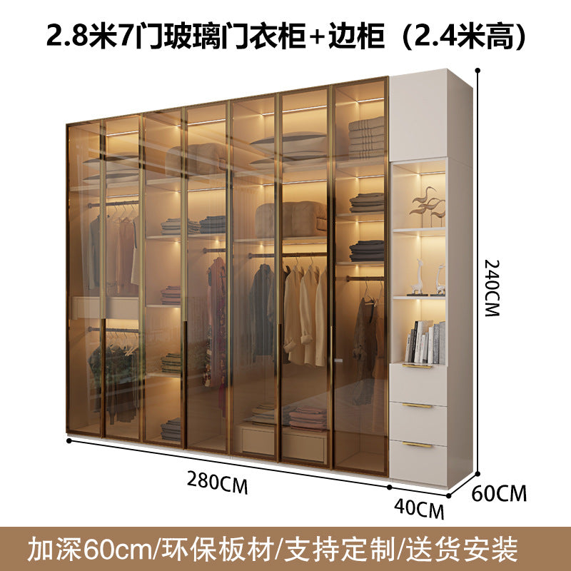 Glass Door Wardrobe with Lights, Solid Wood, Home Bedroom, Modern Simple European Pine Board, Cream Color, Skin Feel Storage, Large Wardrobe
