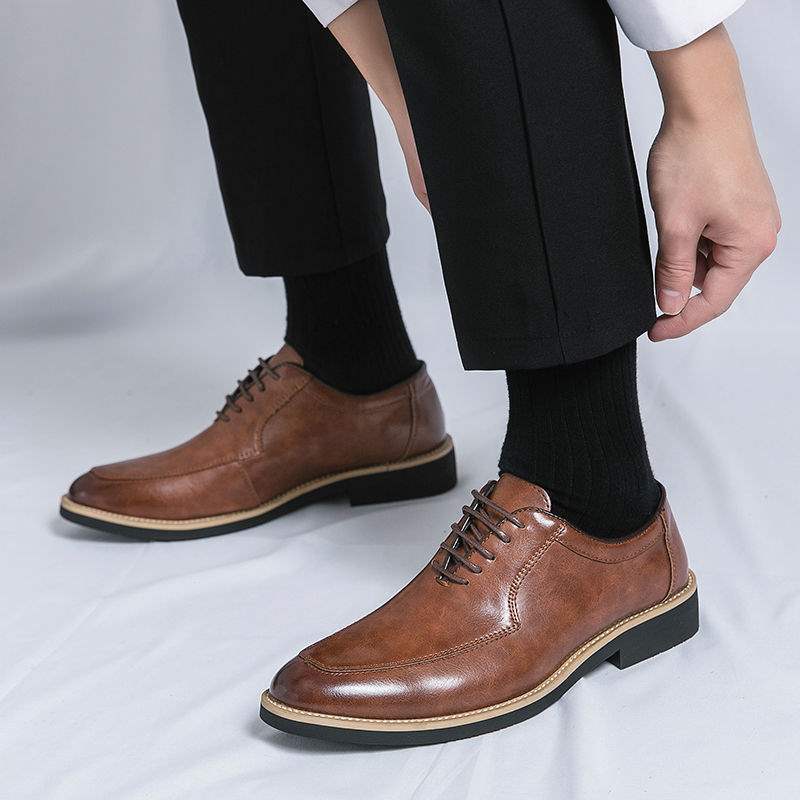 Men's Leather Shoes New Business Formal Casual British Style Breathable Brown Korean Trend Height Increasing Pointed Toe Groom Wedding