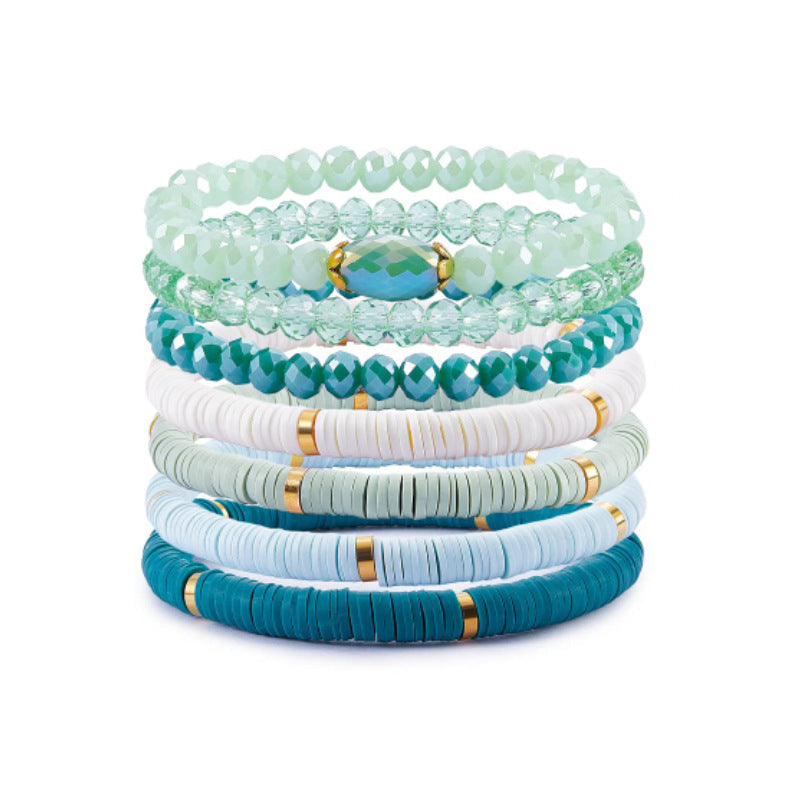 Women's Layered Soft Clay Bracelet Set of Seven Elastic Cord Friendship Bracelets Bohemian Crystal Soft Clay Bracelets