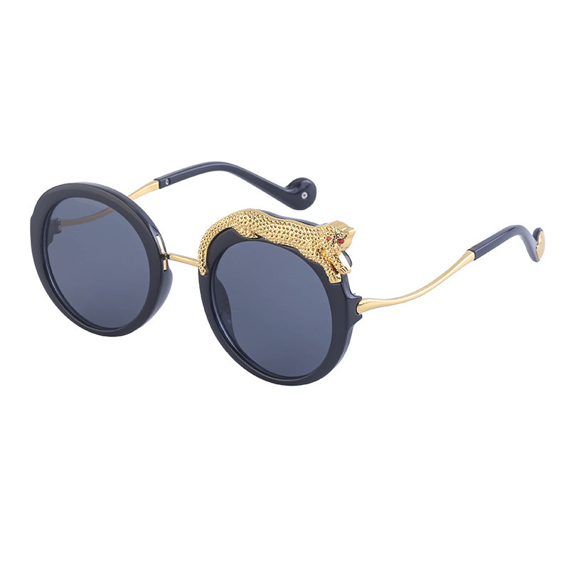 2025New Anti-Blue Light Glasses for Women Leopard Head Diamond-Studded European and American Round Frame Sunglasses Trendy Large Frame Sunglasses High-End Feel