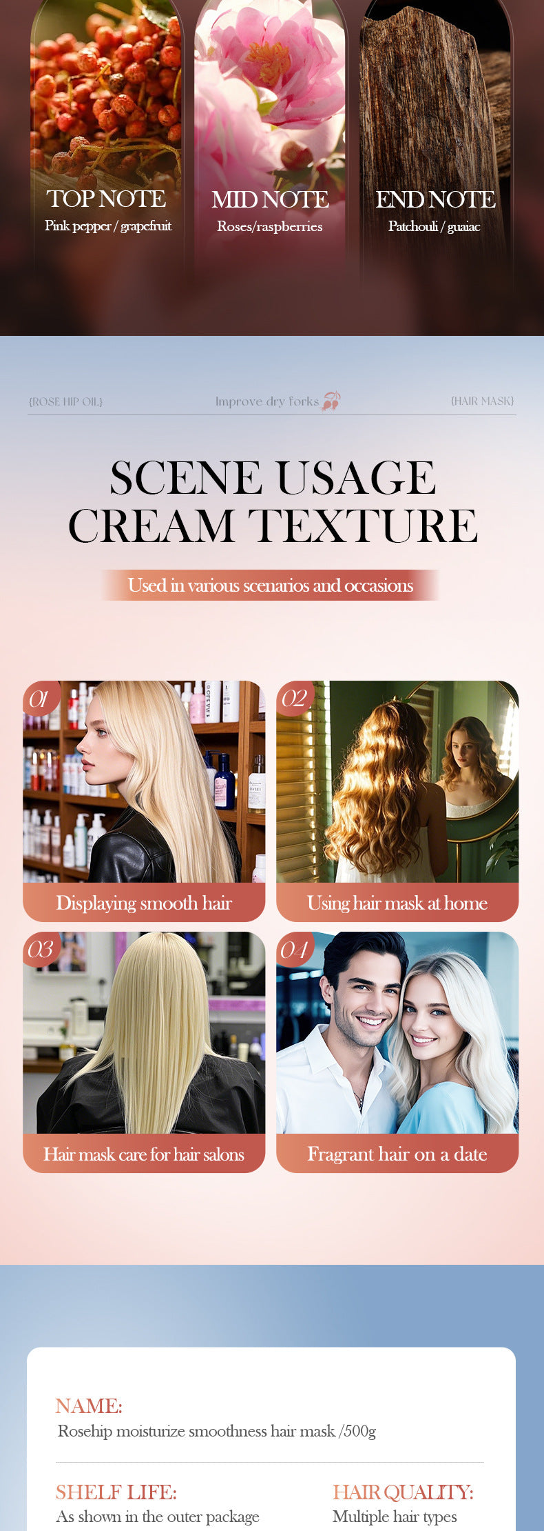 Cross-border Rosehip Oil Hair Mask500g Moisturizing and Smooth Hair Conditioner Export Manufacturer Wholesale