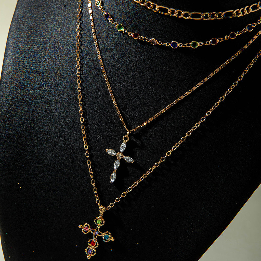 European and American Retro Hollow Diamond Cross Pendant Necklace Gothic Style Black Layered Wear Y Type Necklace