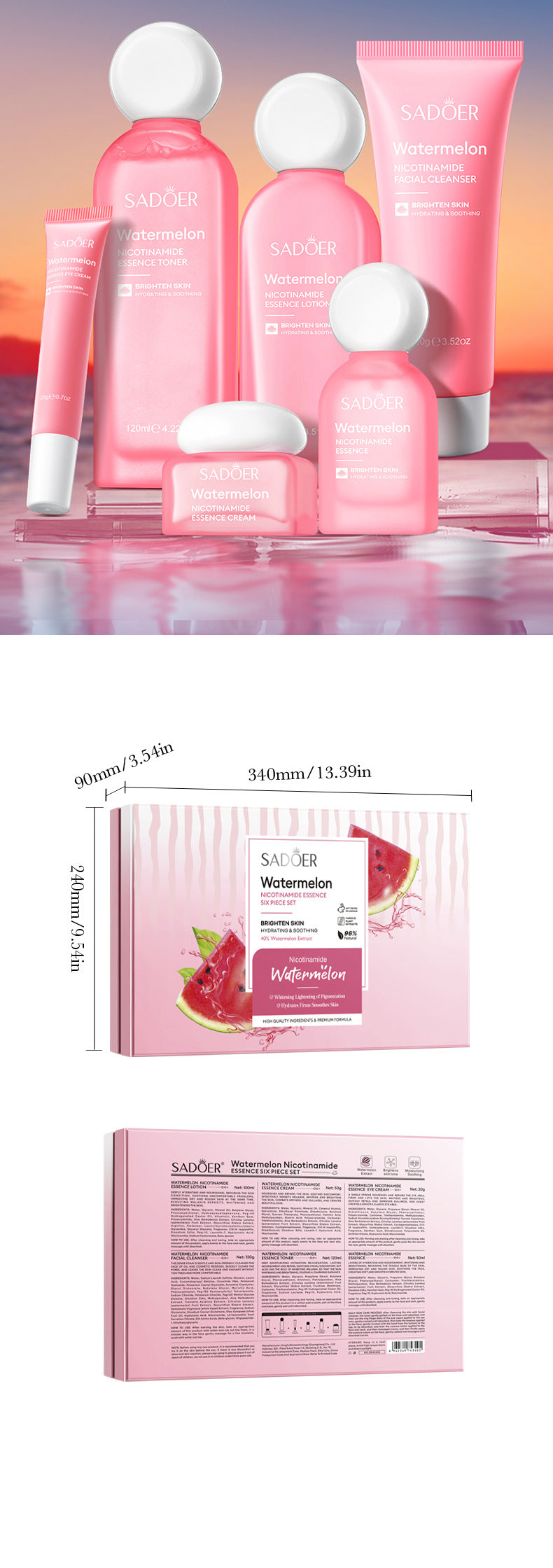 Full English Watermelon Niacinamide Six-Piece Set SADOER Moisturizing and Hydrating Set Box  Wholesale