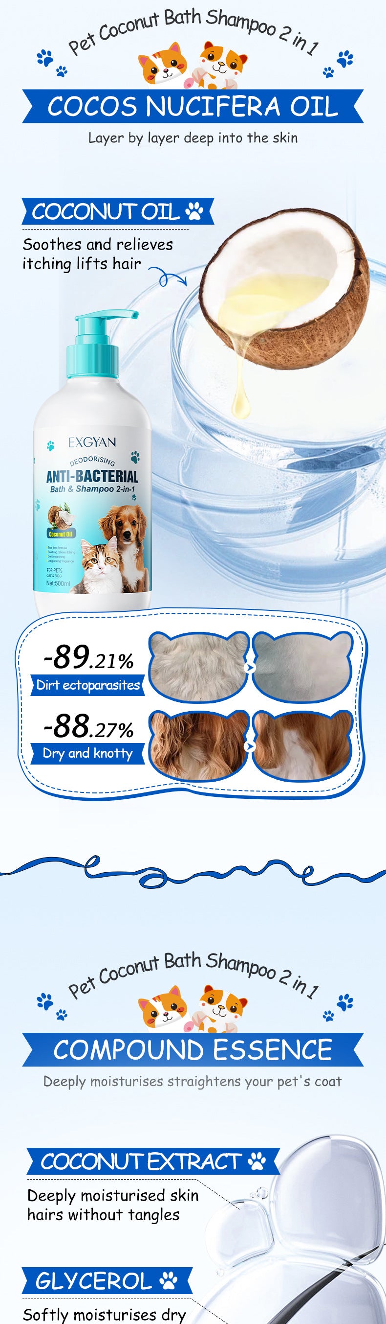 Pet Coconut Bath and Shampoo 2-in-1 EXGYAN Hair Care Cat and Dog Shampoo Cross-Border Wholesale