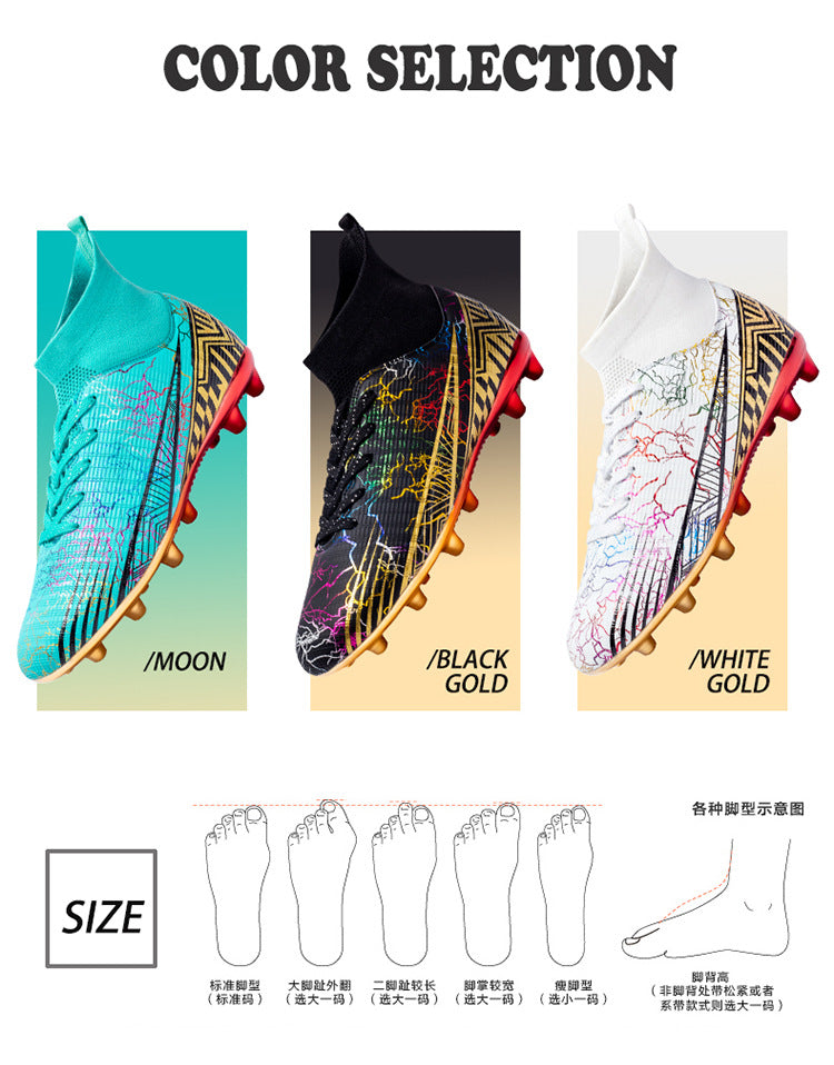 Large Size Men's Soccer Shoes AG Long Spike Gold-Plated Hot Stamping Football Shoes for Youth Professional Competition Training Shoes Wholesale