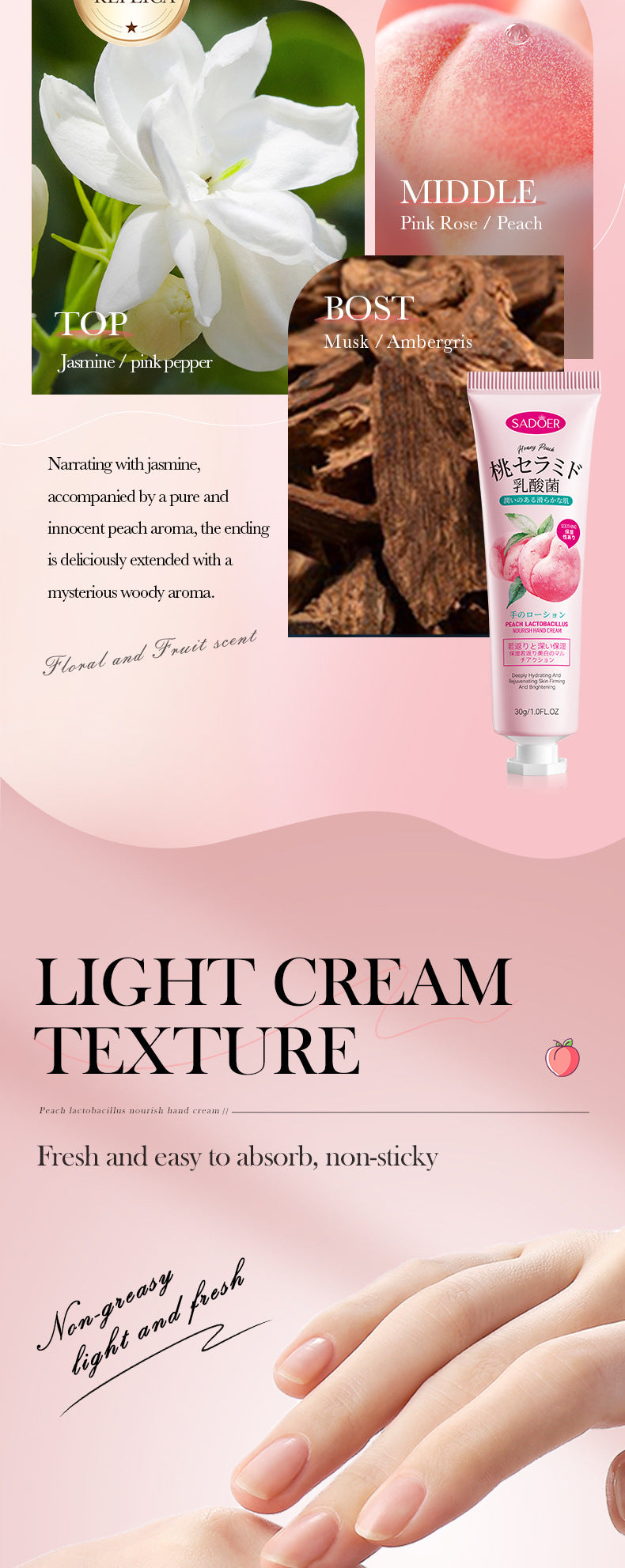 Peach Lactobacillus Hand Cream SADOER Nourishing Autumn and Winter Anti-Dry Crack Hand Cream Cross-Border Foreign Trade Wholesale