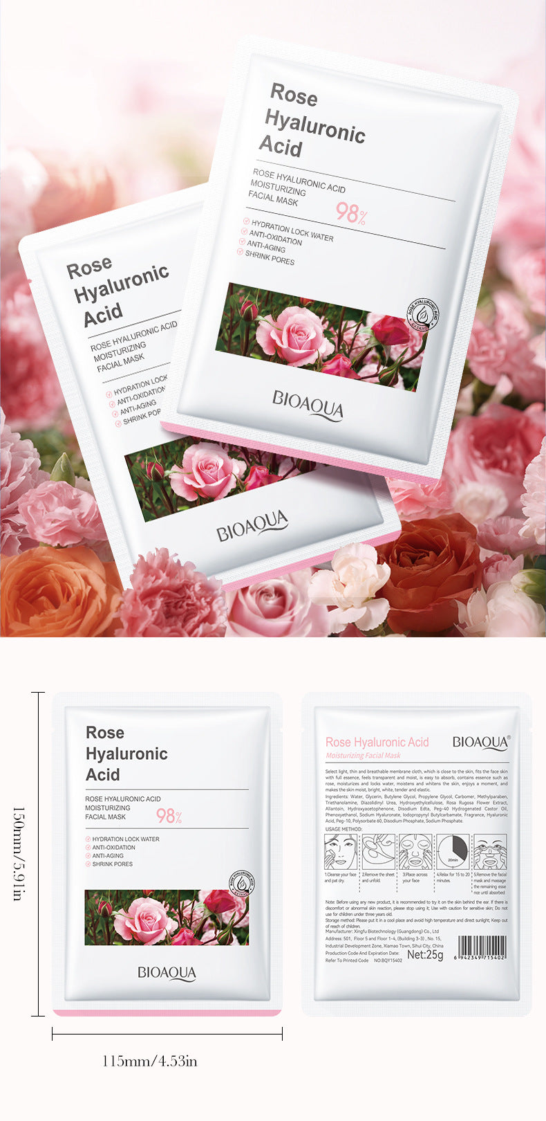 Rose Mask25g BIOAOUA Hyaluronic Acid Moisturizing Hydrating Tablets for Cross-Border Wholesale