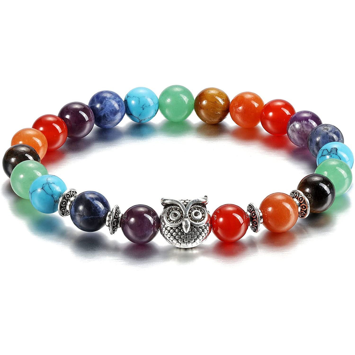 Colorful Tiger Eye Owl Bracelet Natural Stone8mm Bead Spacer Bracelet Volcanic Pink Crystal Owl Bracelet
