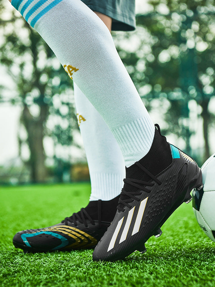 High-top Unisex Youth Soccer Shoes with Broken and Long Spikes for Grass Field Competition Training Student Sports Shoes