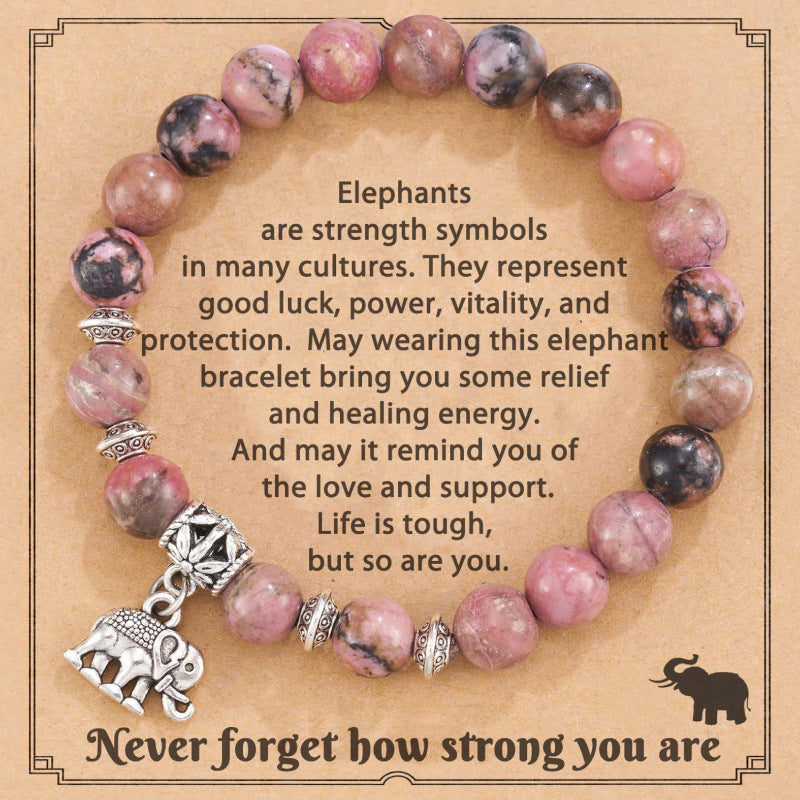 Women's Pink Zebra Stretch Bracelet Natural Stone8mm African Pine Agate Stone Elephant Pendant Bracelet