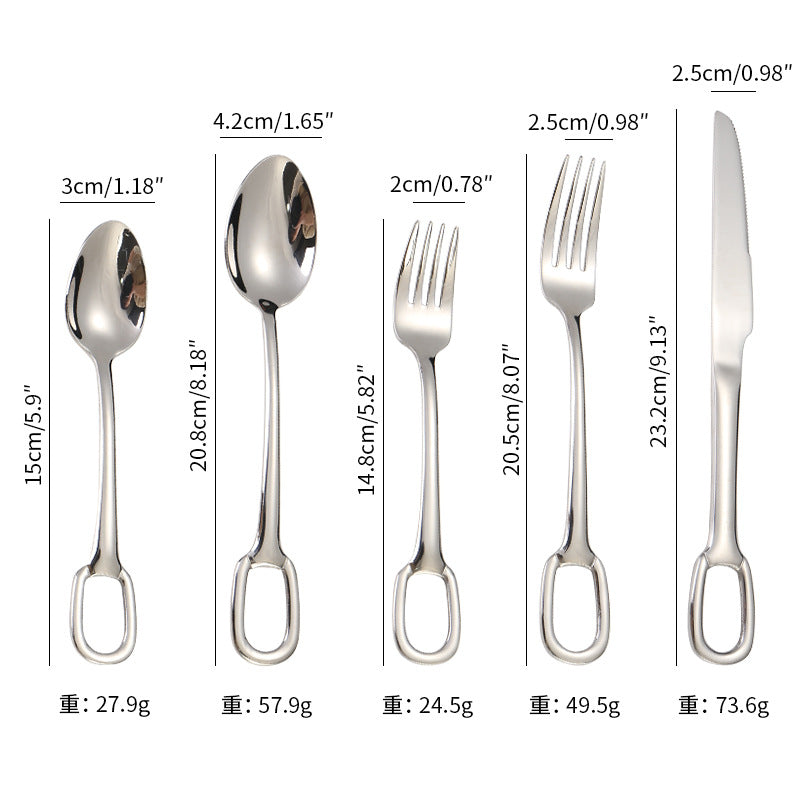 304Stainless Steel Western Cutlery Set with Rings, Steak Knife, Fork, Spoon, European Style Hanging Hole Tea Spoon with Tail Set