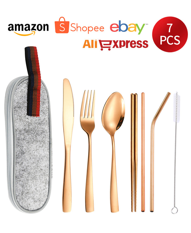 410Stainless Steel Portable Outdoor Camping Tableware Set304Stainless Steel Straw Knife Fork Spoon Chopsticks Seven-Piece Set