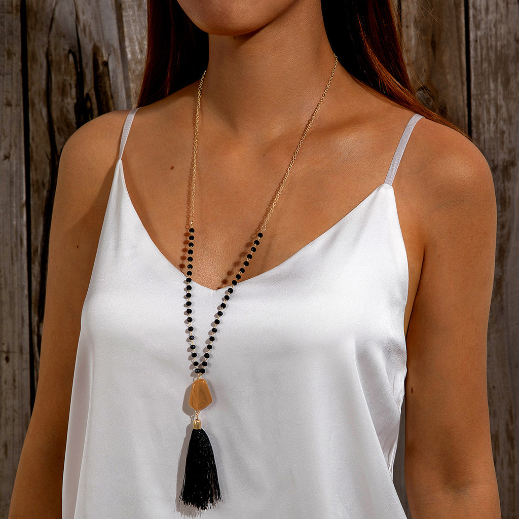 Simple Colorful Beaded Tassel y Chain Necklace Elegant Versatile Diamond-Studded Sweater Chain Jewelry