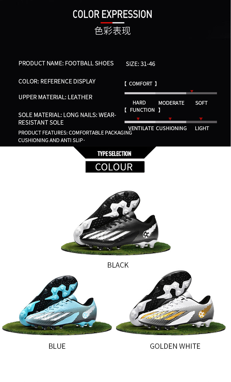 Gold-Plated Sole Men's Football Shoes with Studded Spikes AG Long Spike Shoes for Older Children, Middle and High School Students, Adults, Competition Training Sports Shoes