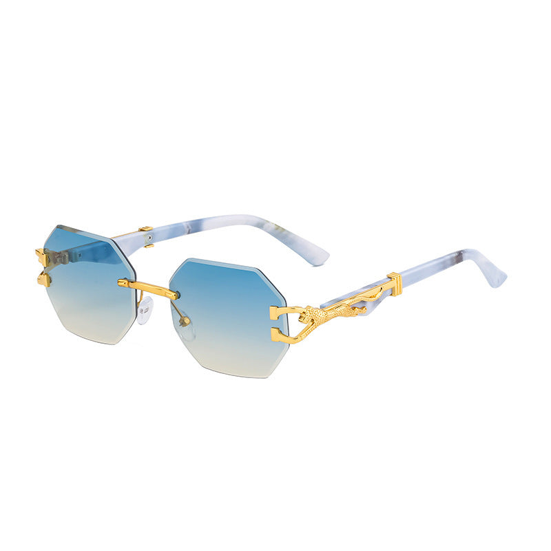 New European and American Retro Frameless Sunglasses for Men with Imitation Wood Grain Temples Wholesale Glasses shades