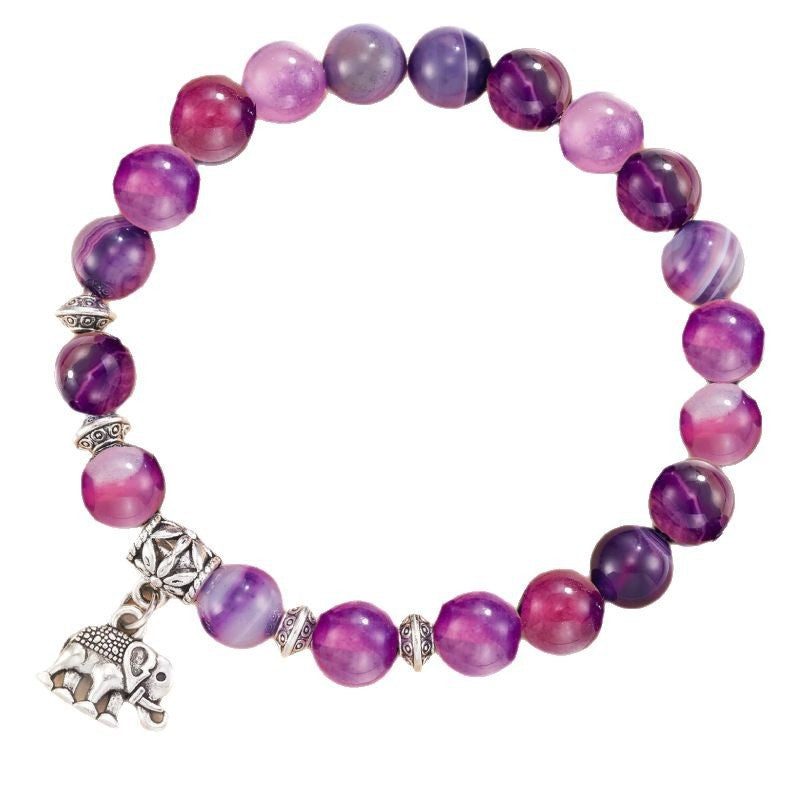 Women's Pink Zebra Stretch Bracelet Natural Stone8mm African Pine Agate Stone Elephant Pendant Bracelet